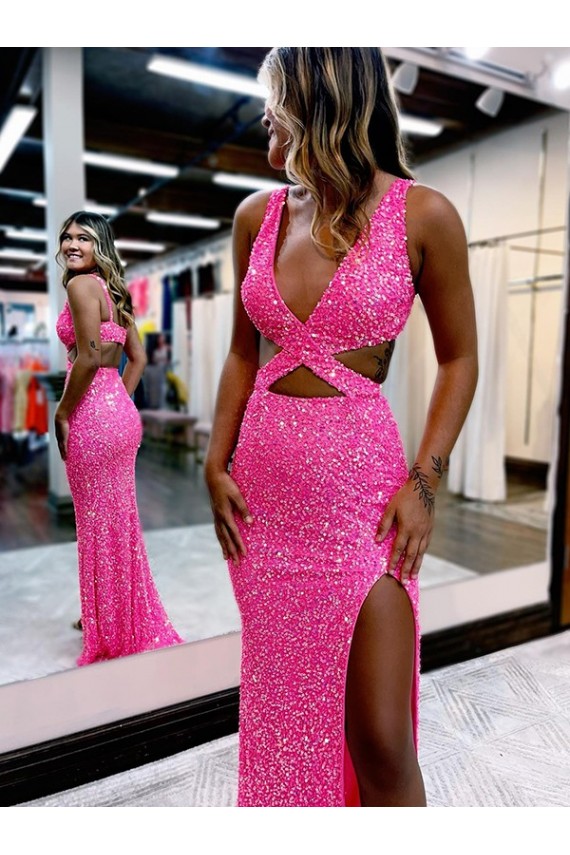 Compra Color mostrado Cubierta Cuello en V Barrer tren Lentejuelas Terciopelo Largo Vestidos de fiesta