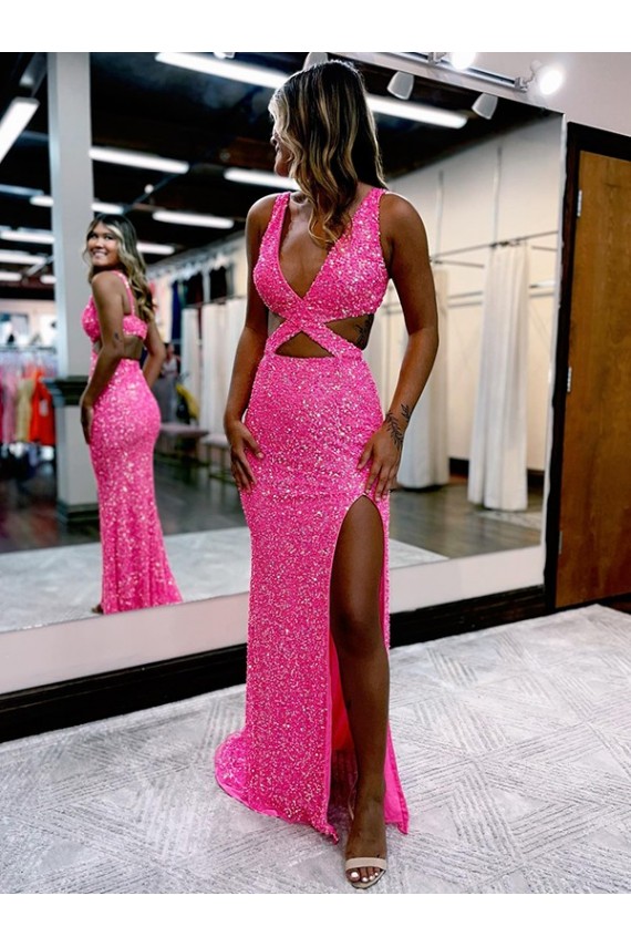 Compra Color mostrado Cubierta Cuello en V Barrer tren Lentejuelas Terciopelo Largo Vestidos de fiesta