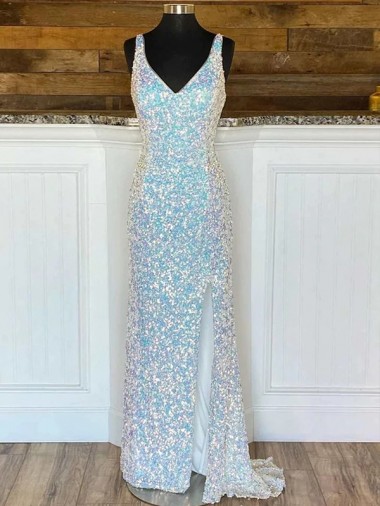 Compra Cubierta Cuello en V Barrer tren Lentejuelas Terciopelo Largo Vestidos de fiesta