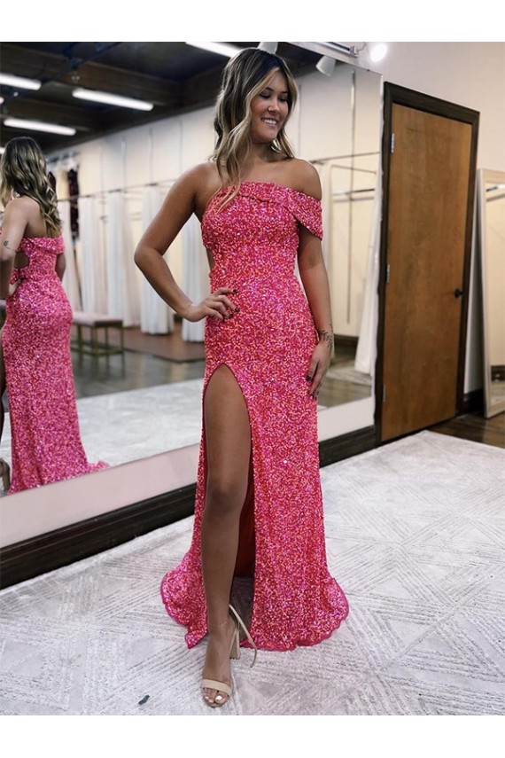 Compra Fucsia Cubierta Un Hombre Barrer tren Lentejuelas Terciopelo Largo Vestidos de fiesta