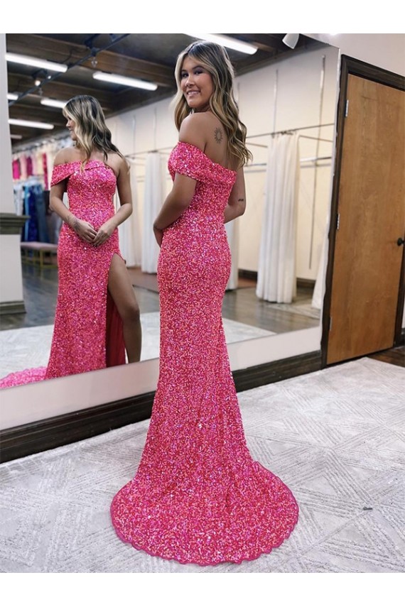 Compra Fucsia Cubierta Un Hombre Barrer tren Lentejuelas Terciopelo Largo Vestidos de fiesta