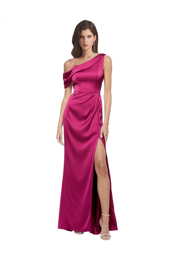 Compra Fucsia línea A Un Hombre Satén elástico Largo Formales Vestidos de dama de honor / Vestidos de fiesta