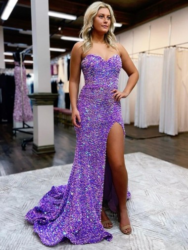 Compra Lavanda línea A Cuello de Corazón Cola corte Lentejuelas Terciopelo Largo Vestidos de fiesta