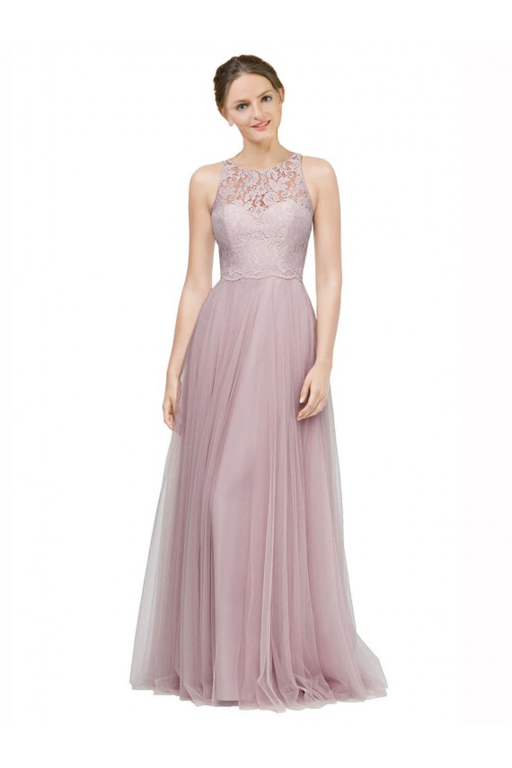 Compra Light Lilac línea A Cuello de Corazón Tul Encaje Largo Vestidos de dama de honor