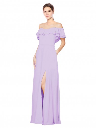 Compra Lila línea A Hombros Descubiertos Sin tirantes Gasa Largo Vestidos de dama de honor