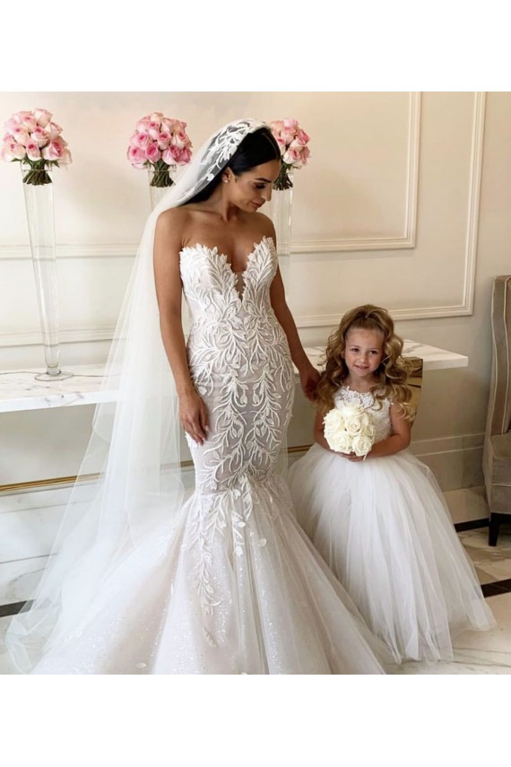 Compra Marfil Barco Cola capilla Tul Encaje Largo vestidos de niña de las flores