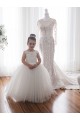 Compra Marfil Barco Cola capilla Tul Encaje Largo vestidos de niña de las flores