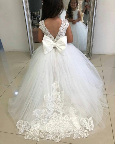 Compra Marfil Barco Cola capilla Tul Encaje Largo vestidos de niña de las flores