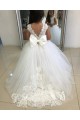 Compra Marfil Barco Cola capilla Tul Encaje Largo vestidos de niña de las flores