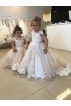 Compra Marfil Barco Cola capilla Tul Encaje Largo vestidos de niña de las flores