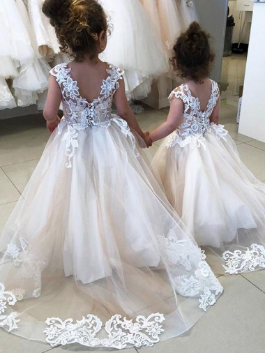 Compra Marfil Barco Cola capilla Tul Encaje Largo vestidos de niña de las flores