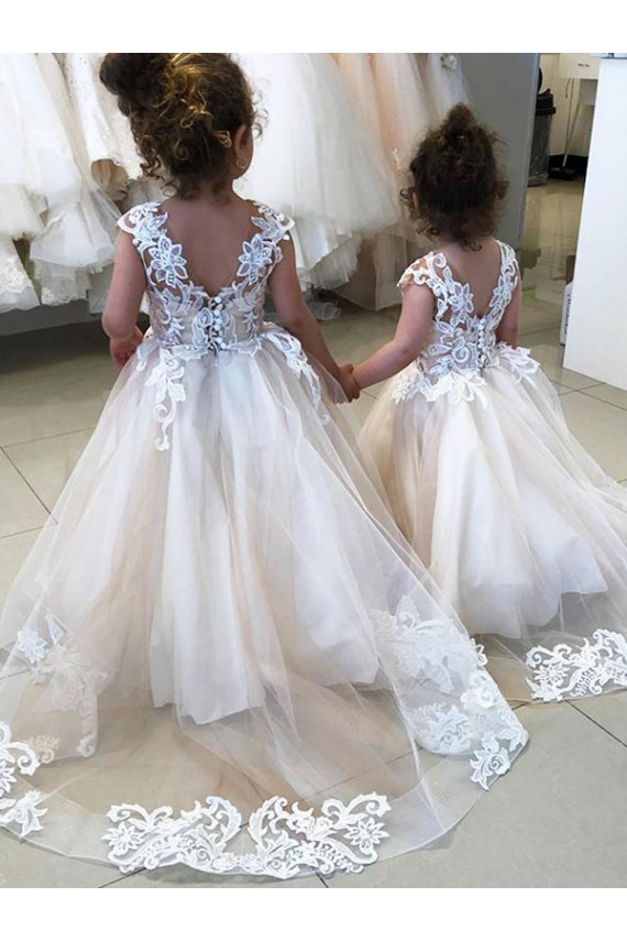 Compra Marfil Barco Cola capilla Tul Encaje Largo vestidos de niña de las flores