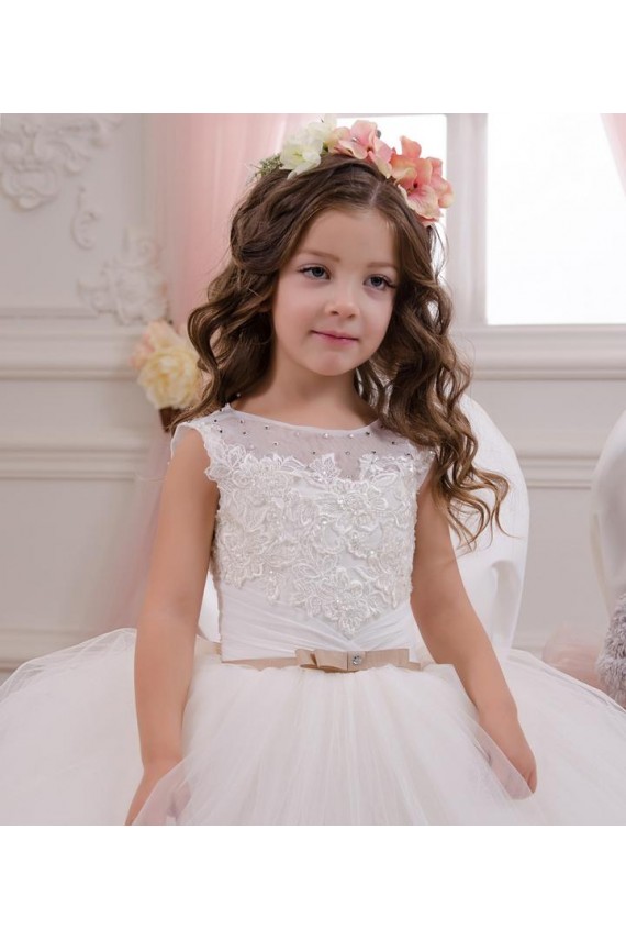 Compra Marfil Barco Cola capilla Tul Encaje Largo vestidos de niña de las flores