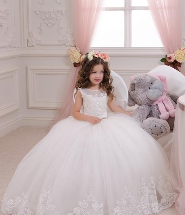 Compra Marfil Barco Cola capilla Tul Encaje Largo vestidos de niña de las flores
