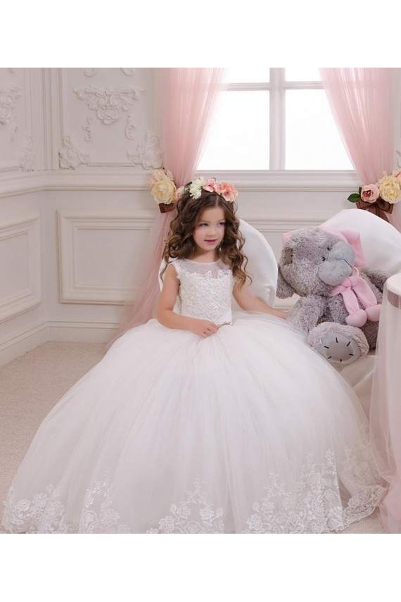 Compra Marfil Barco Cola capilla Tul Encaje Largo vestidos de niña de las flores
