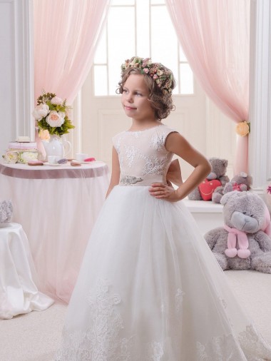Compra Marfil Barco Cola capilla Tul Encaje Largo vestidos de niña de las flores