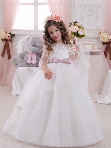 Compra Marfil Barco Cola capilla Tul Encaje Largo vestidos de niña de las flores