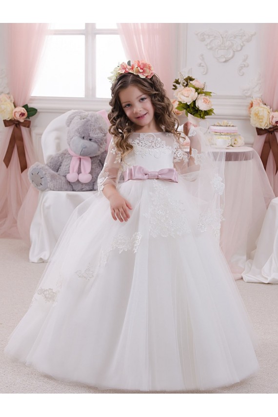Compra Marfil Barco Cola capilla Tul Encaje Largo vestidos de niña de las flores
