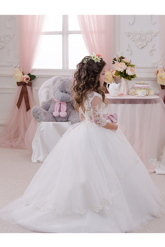Compra Marfil Barco Cola capilla Tul Encaje Largo vestidos de niña de las flores