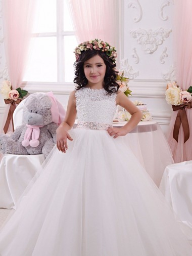 Compra Marfil Barco Cola capilla Tul Encaje Largo vestidos de niña de las flores