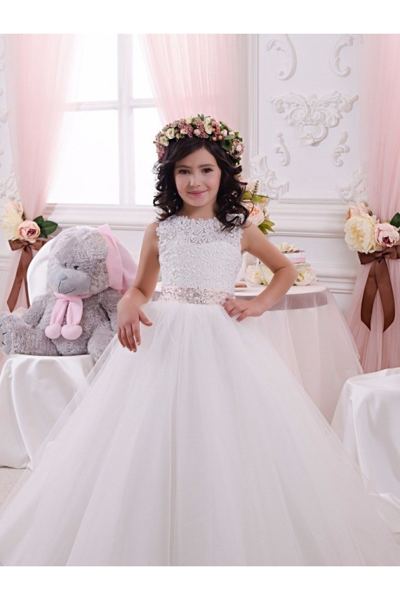 Compra Marfil Barco Cola capilla Tul Encaje Largo vestidos de niña de las flores