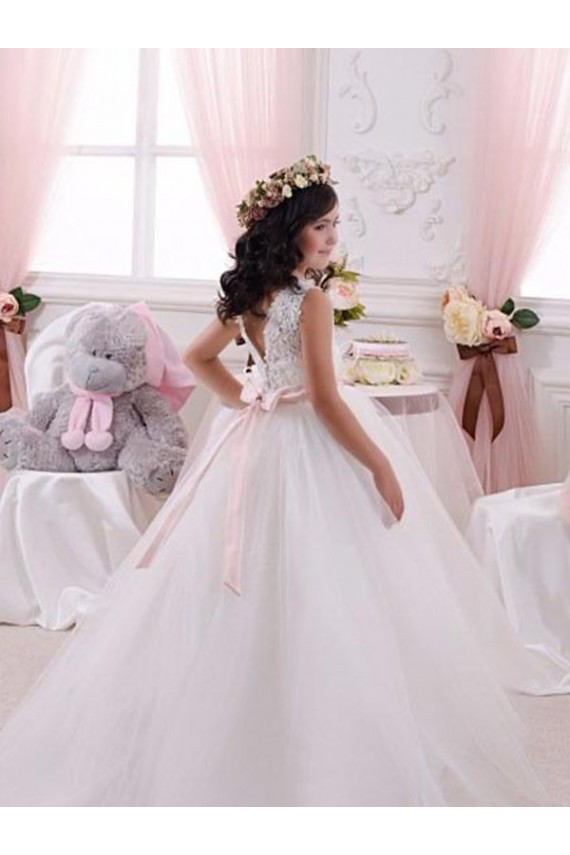 Compra Marfil Barco Cola capilla Tul Encaje Largo vestidos de niña de las flores