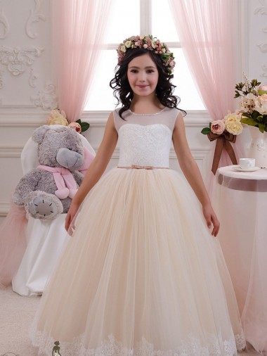 Compra Marfil & Champán Cuello de Corazón Tul Encaje Largo vestidos de niña de las flores
