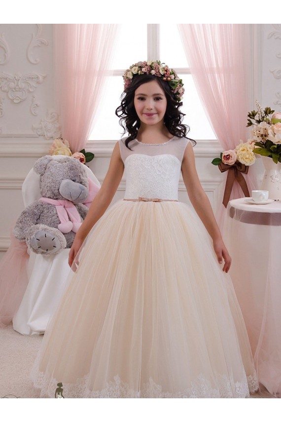Compra Marfil & Champán Cuello de Corazón Tul Encaje Largo vestidos de niña de las flores