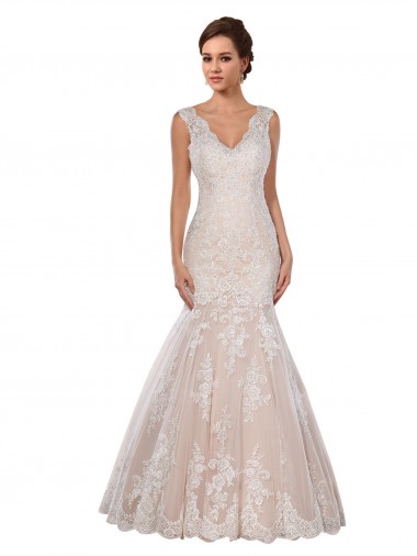 Compra Marfil & Champán Sirena Cuello en V Cola capilla Encaje Clásico Vestidos de novia