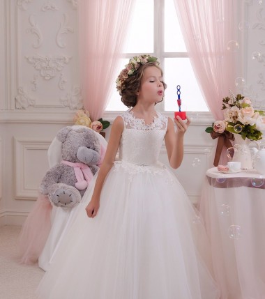 Compra Marfil Cuello Alto Tul Encaje Largo vestidos de niña de las flores