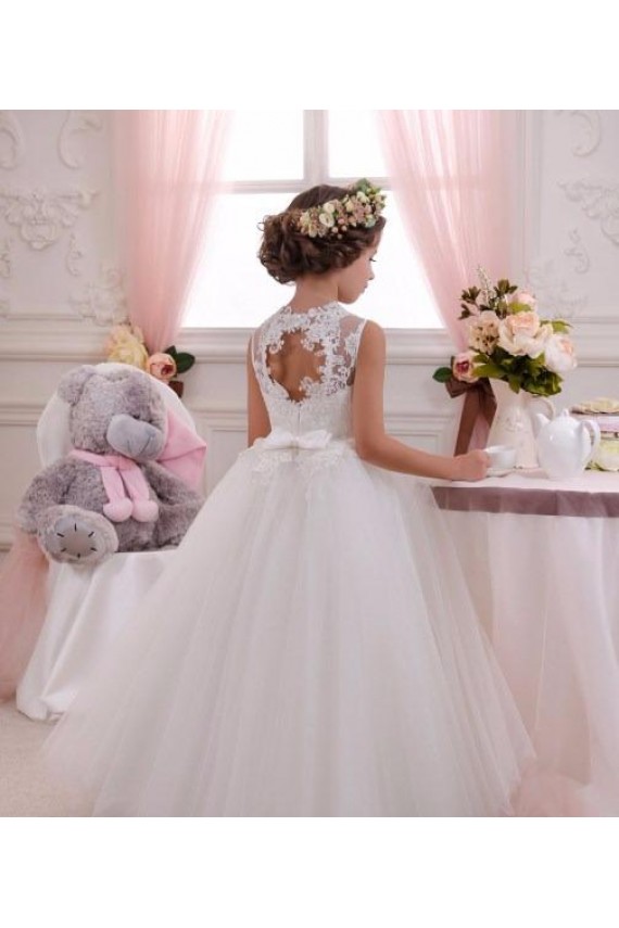 Compra Marfil Cuello Alto Tul Encaje Largo vestidos de niña de las flores