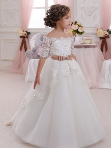Compra Marfil Cuello Alto Tul Encaje Largo vestidos de niña de las flores