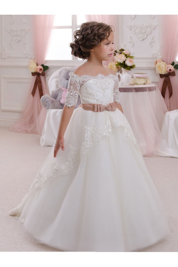 Compra Marfil Cuello Alto Tul Encaje Largo vestidos de niña de las flores