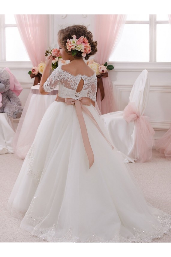 Compra Marfil Cuello Alto Tul Encaje Largo vestidos de niña de las flores