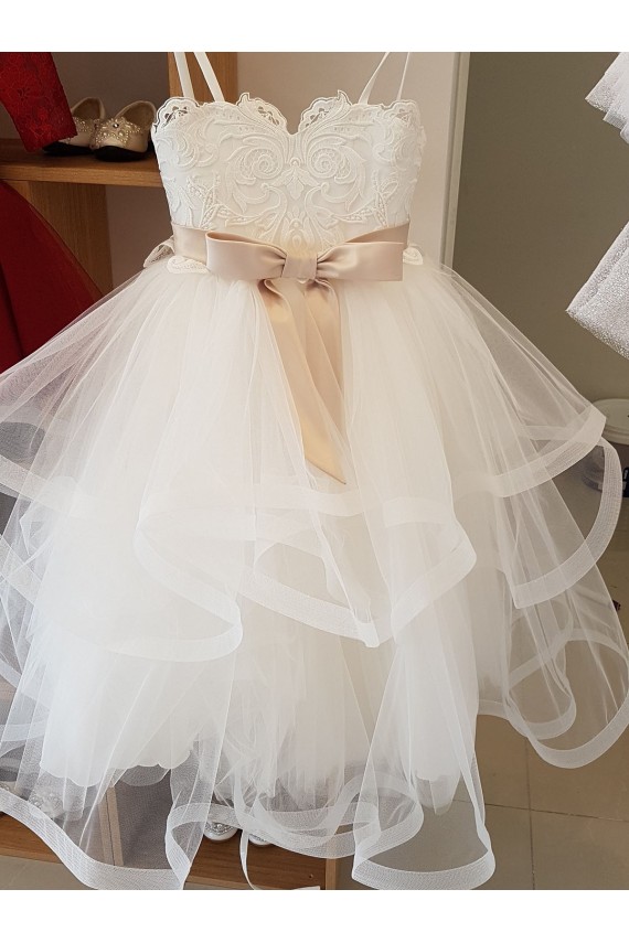 Compra Marfil Cuello Alto Tul Encaje Largo vestidos de niña de las flores