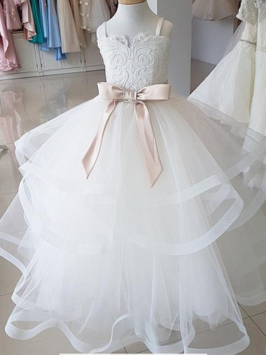 Compra Marfil Cuello Alto Tul Encaje Largo vestidos de niña de las flores