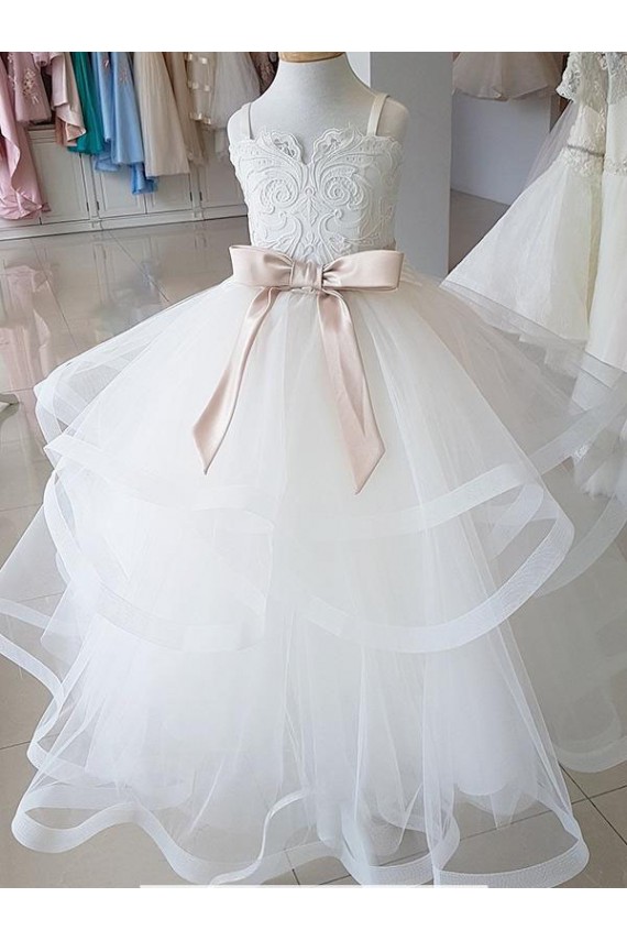 Compra Marfil Cuello Alto Tul Encaje Largo vestidos de niña de las flores