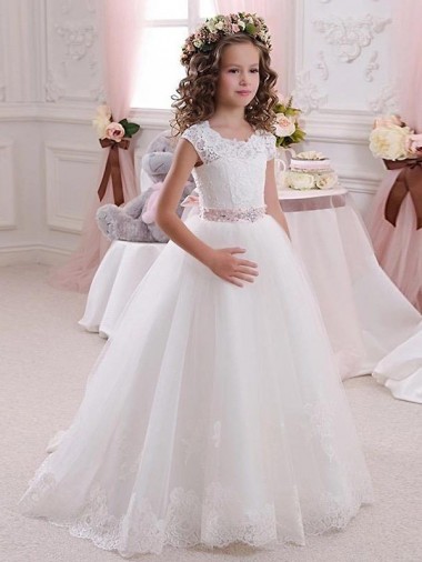 Compra Marfil Cuello Alto Tul Encaje Largo vestidos de niña de las flores