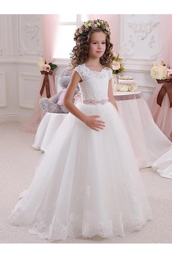 Compra Marfil Cuello Alto Tul Encaje Largo vestidos de niña de las flores