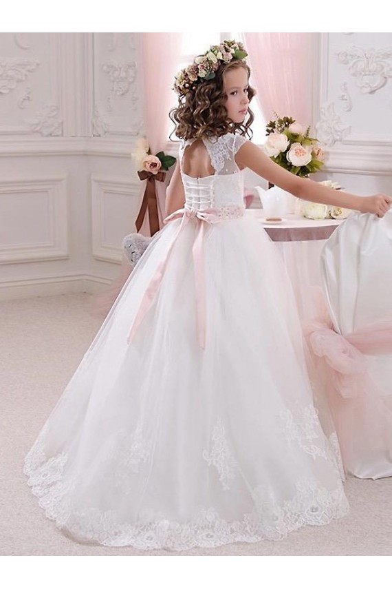 Compra Marfil Cuello Alto Tul Encaje Largo vestidos de niña de las flores