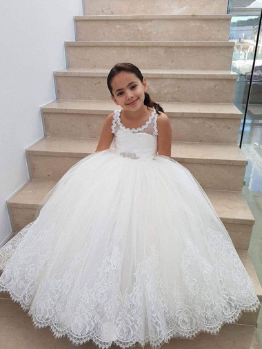 Compra Marfil Cuello Alto Tul Encaje Largo vestidos de niña de las flores