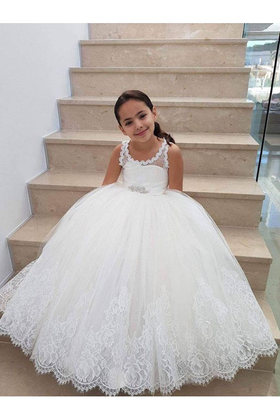 Compra Marfil Cuello Alto Tul Encaje Largo vestidos de niña de las flores