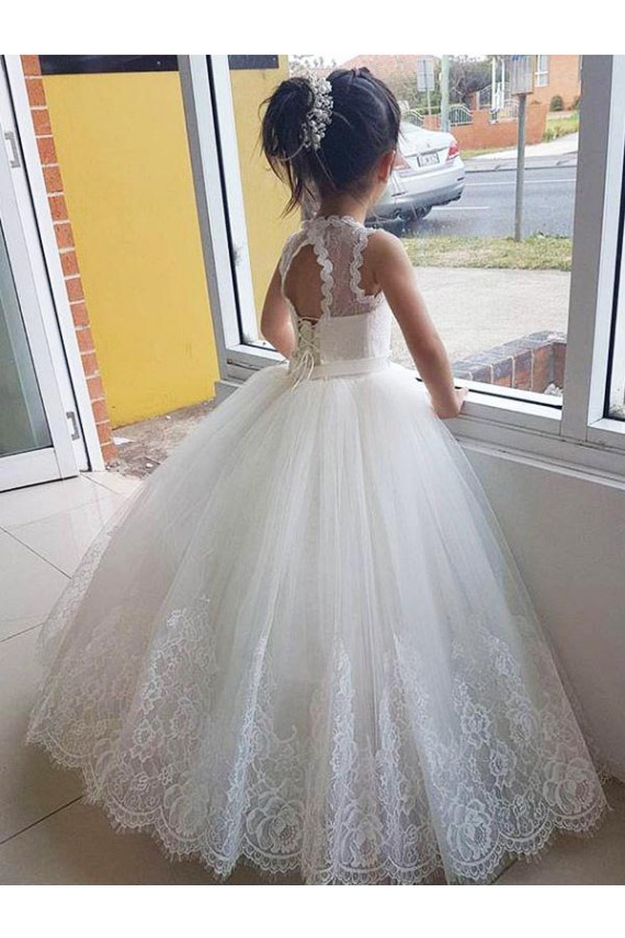 Compra Marfil Cuello Alto Tul Encaje Largo vestidos de niña de las flores