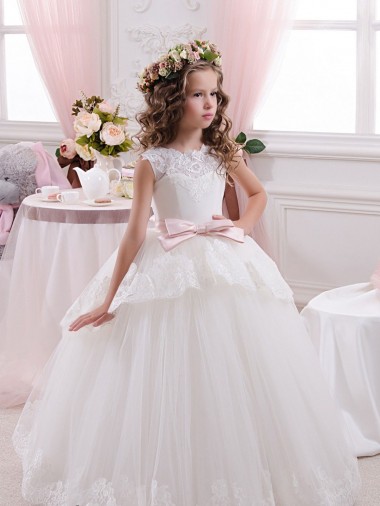 Compra Marfil Cuello de Corazón Cola capilla Tul Encaje Largo vestidos de niña de las flores
