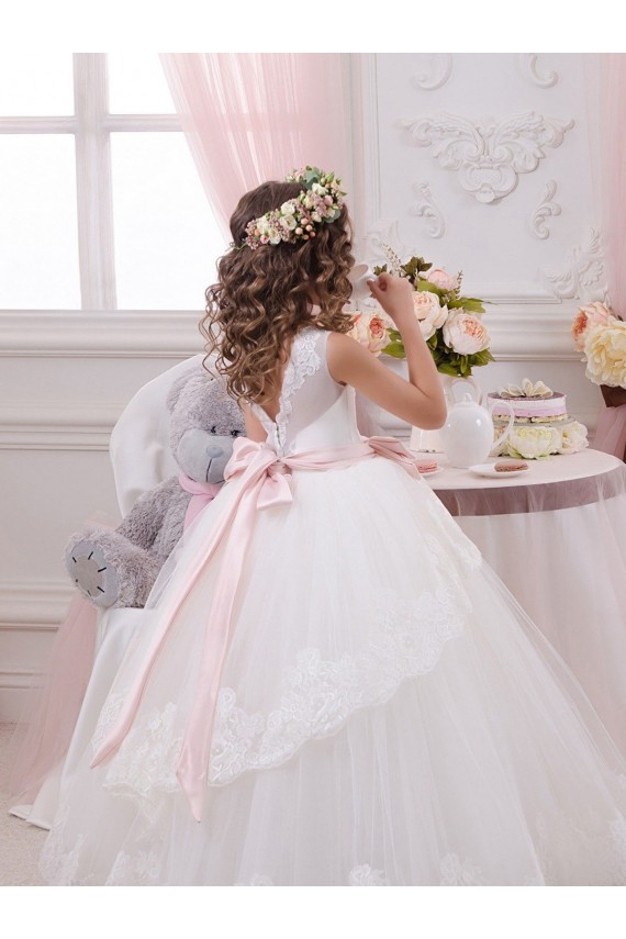 Compra Marfil Cuello de Corazón Cola capilla Tul Encaje Largo vestidos de niña de las flores
