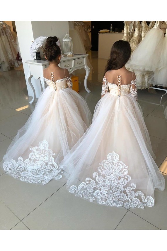 Compra Marfil Cuello de Corazón Cola capilla Tul Encaje Largo vestidos de niña de las flores