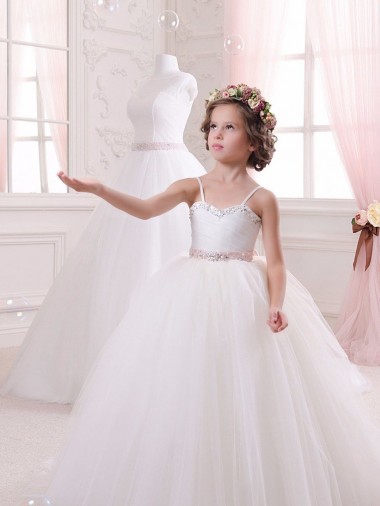 Compra Marfil Cuello de Corazón Cola capilla Tul Largo vestidos de niña de las flores