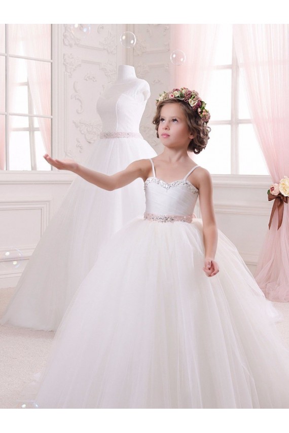 Compra Marfil Cuello de Corazón Cola capilla Tul Largo vestidos de niña de las flores