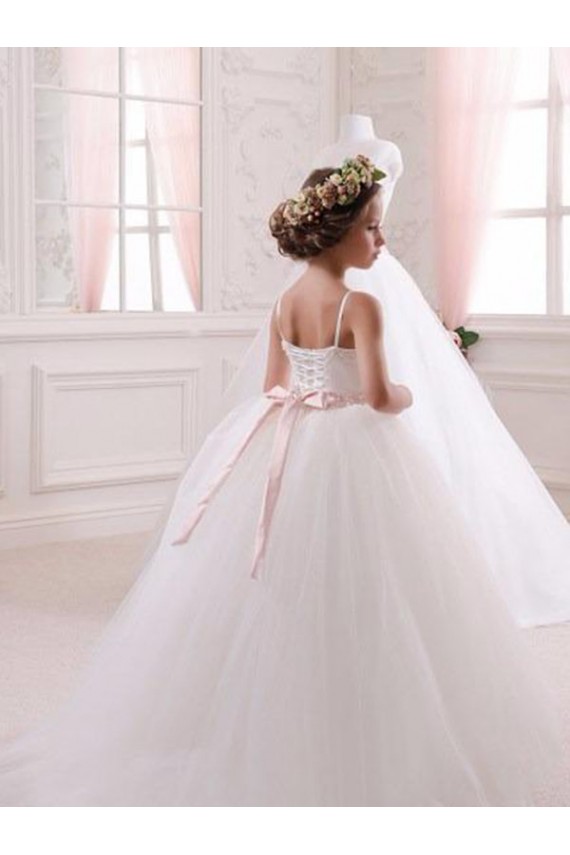 Compra Marfil Cuello de Corazón Cola capilla Tul Largo vestidos de niña de las flores