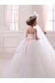 Compra Marfil Cuello de Corazón Cola capilla Tul Largo vestidos de niña de las flores